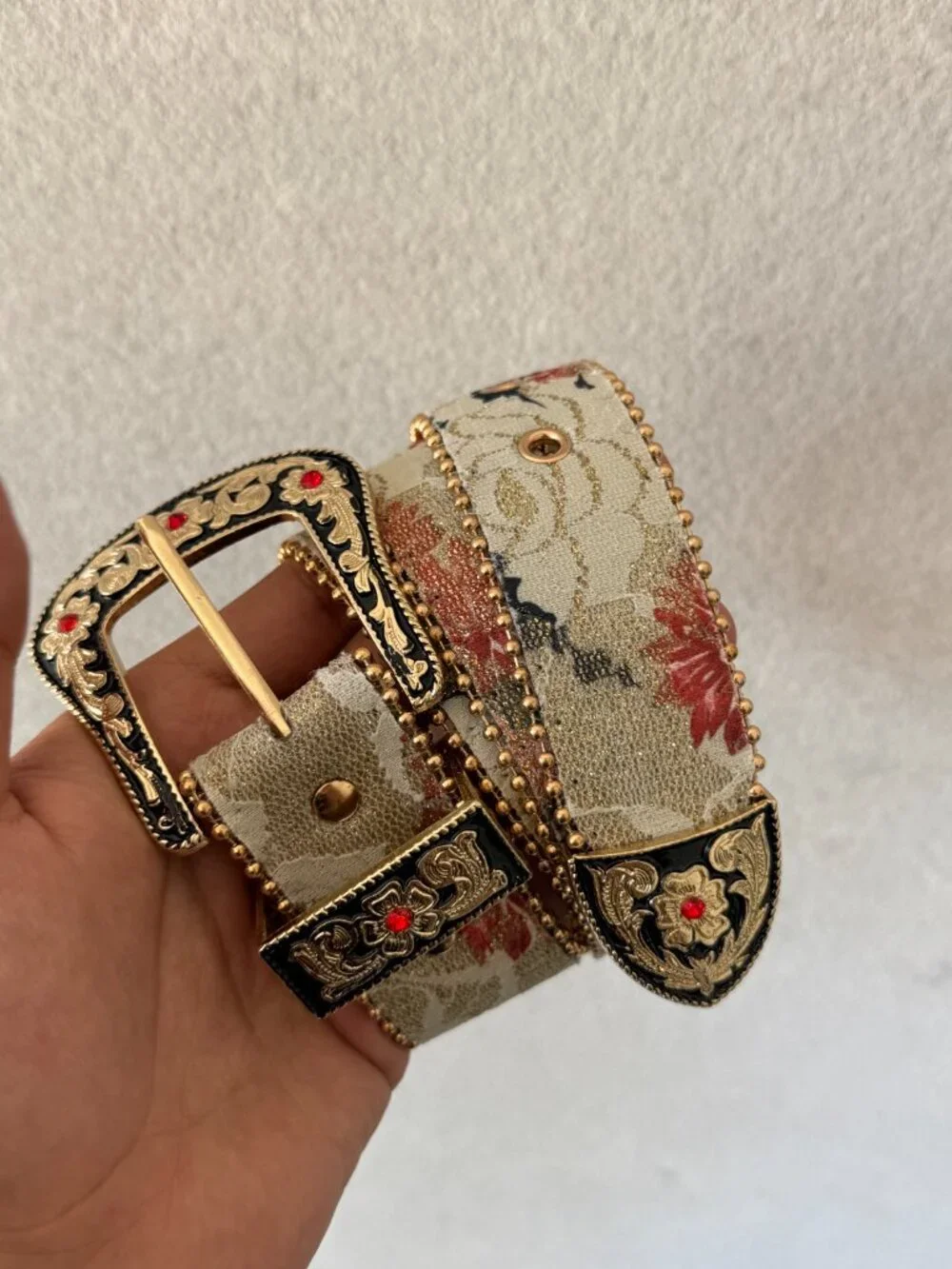 Floral Jacquard Tapestry Western Ruby Buckle Belt